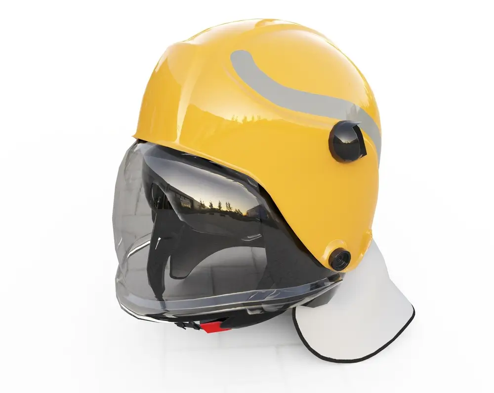 Casque de pompier jaune avec visière, équipement symbolisant la réussite du certificat d'aptitude pour les cadets.