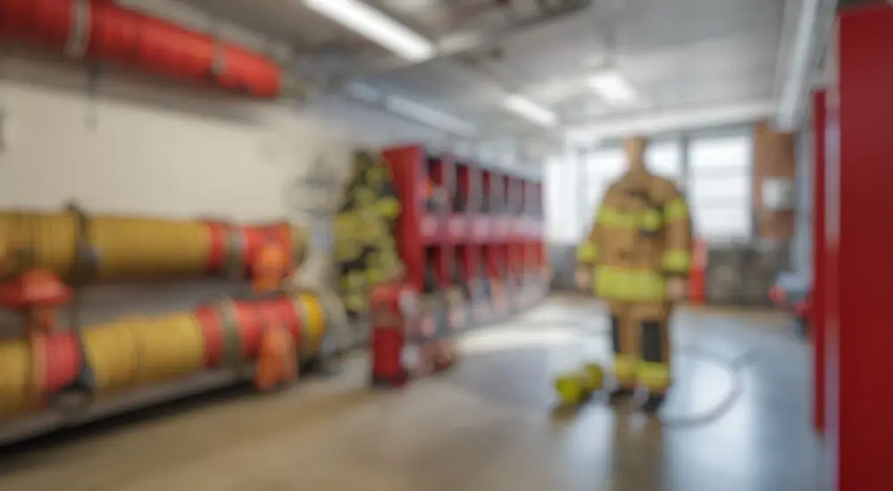 Casque et équipement de protection d'un pompier professionnel au sein d'une caserne d'intervention.
