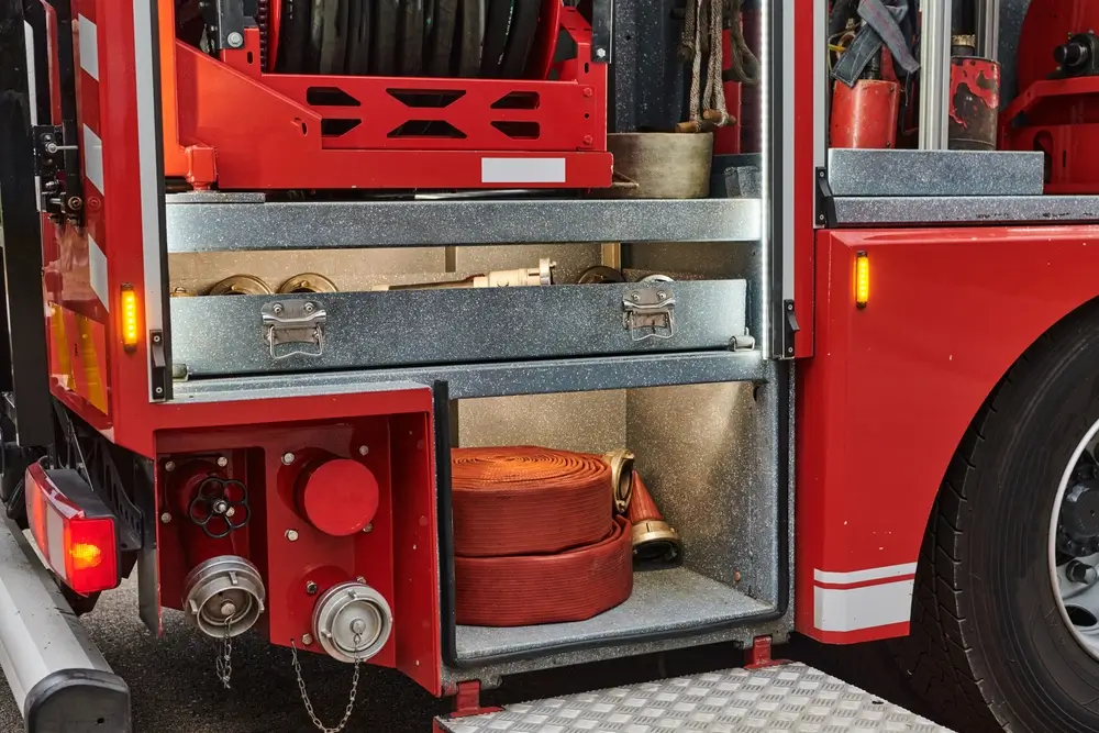 Équipement de pompier et matériel de secours technique rangés dans les compartiments d'un camion d'incendie.