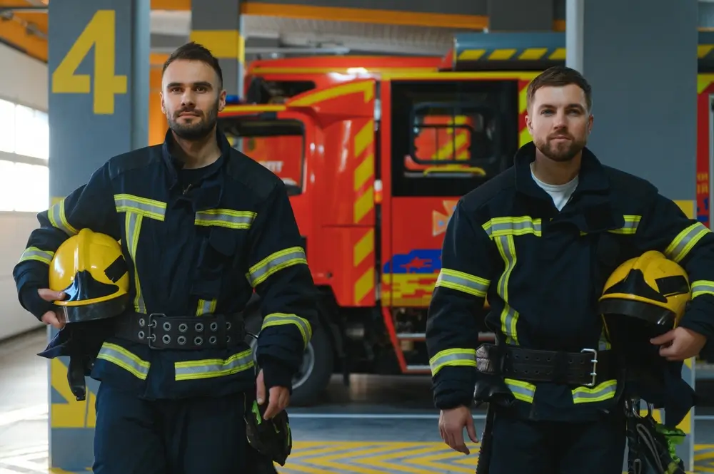 Deux pompiers belges en tenue d'intervention posant devant un véhicule de secours dans une caserne.