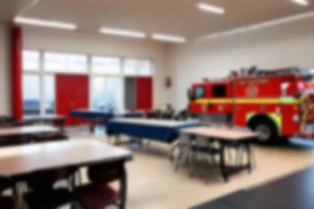 Garage d'une caserne de pompiers aménagé en salle de formation avec un camion de secours rouge en arrière-plan.