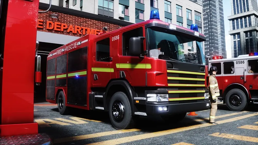 Camion de pompier et pompier en tenue devant la caserne, parés pour un départ immédiat en intervention.
