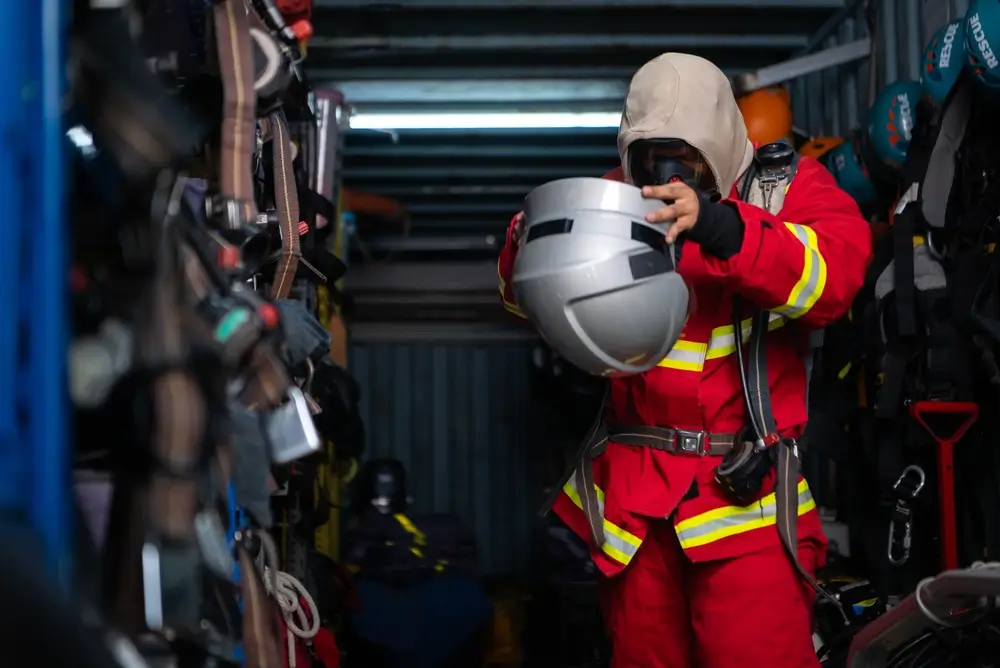 Pompier en tenue rouge examinant son casque parmi le matériel et l'équipement de secours d'un centre de formation.